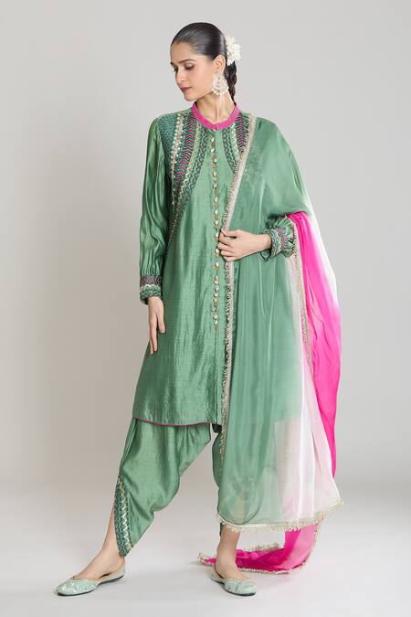 Shop_Siyona By Ankurita_Green Kurta And Salwar Pure Chanderi Silk Embroidered Sequin Pakistani Set _Online_at_Aza_Fashions