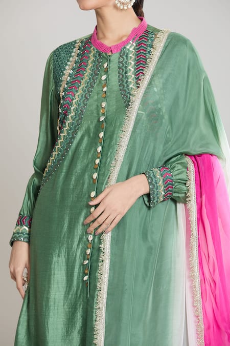 Siyona By Ankurita_Green Kurta And Salwar Pure Chanderi Silk Embroidered Sequin Pakistani Set _at_Aza_Fashions