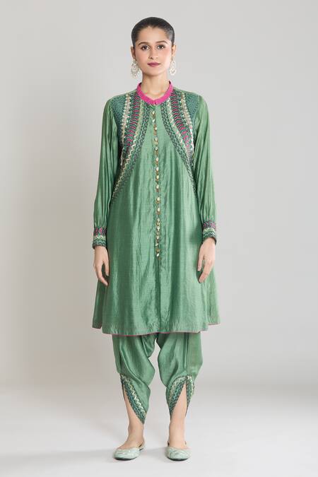 Buy_Siyona By Ankurita_Green Kurta And Salwar Pure Chanderi Silk Embroidered Sequin Pakistani Set 