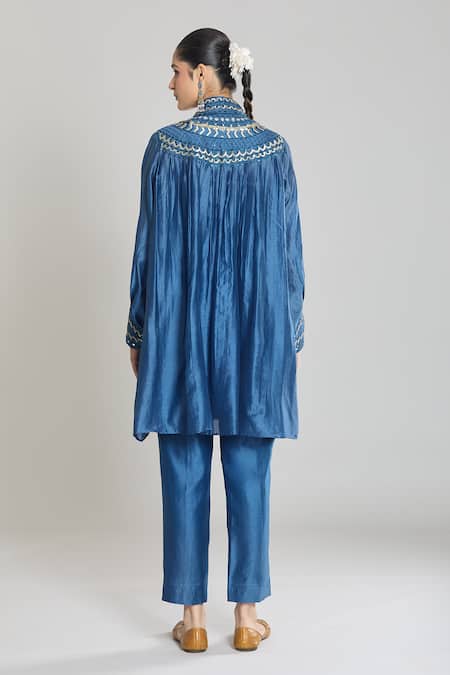 Shop Siyona By Ankurita Blue Pure Chanderi Silk Embroidered Sequin Mirror Kurta And Dhoti Pant Set at Aza Fashions Shop_Siyona By Ankurita_Blue Pure Chanderi Silk Embroidered Sequin Mirror Kurta And Dhoti Pant Set _at_Aza_Fashions