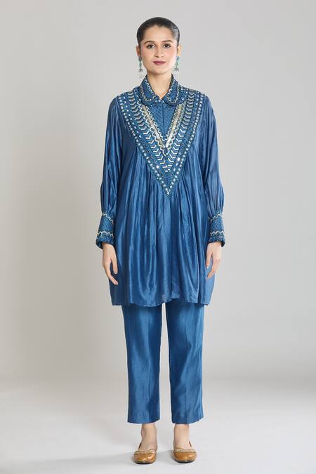 Shop Siyona By Ankurita Blue Pure Chanderi Silk Embroidered Sequin Mirror Kurta And Dhoti Pant Set Online at Aza Fashions Shop_Siyona By Ankurita_Blue Pure Chanderi Silk Embroidered Sequin Mirror Kurta And Dhoti Pant Set _Online_at_Aza_Fashions