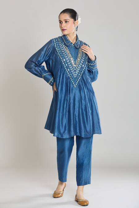 Siyona By Ankurita Blue Pure Chanderi Silk Embroidered Sequin Mirror Kurta And Dhoti Pant Set at Aza Fashions Siyona By Ankurita_Blue Pure Chanderi Silk Embroidered Sequin Mirror Kurta And Dhoti Pant Set _at_Aza_Fashions