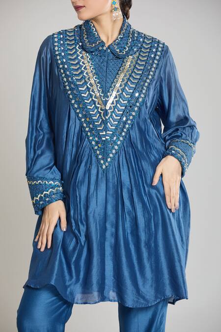 Buy Siyona By Ankurita Blue Pure Chanderi Silk Embroidered Sequin Mirror Kurta And Dhoti Pant Set Buy_Siyona By Ankurita_Blue Pure Chanderi Silk Embroidered Sequin Mirror Kurta And Dhoti Pant Set