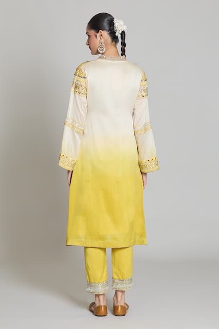 Shop Siyona By Ankurita Yellow Kurta And Pant Pure Chanderi Silk Embroidered Lace V Neck Set at Aza Fashions Shop_Siyona By Ankurita_Yellow Kurta And Pant Pure Chanderi Silk Embroidered Lace V Neck Set _at_Aza_Fashions
