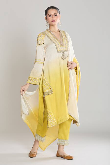Siyona By Ankurita Yellow Kurta And Pant Pure Chanderi Silk Embroidered Lace V Neck Set Online at Aza Fashions Siyona By Ankurita_Yellow Kurta And Pant Pure Chanderi Silk Embroidered Lace V Neck Set _Online_at_Aza_Fashions