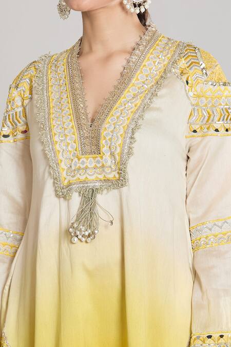 Shop Siyona By Ankurita Yellow Kurta And Pant Pure Chanderi Silk Embroidered Lace V Neck Set Online at Aza Fashions Shop_Siyona By Ankurita_Yellow Kurta And Pant Pure Chanderi Silk Embroidered Lace V Neck Set _Online_at_Aza_Fashions