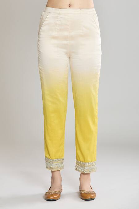 Siyona By Ankurita Yellow Kurta And Pant Pure Chanderi Silk Embroidered Lace V Neck Set at Aza Fashions Siyona By Ankurita_Yellow Kurta And Pant Pure Chanderi Silk Embroidered Lace V Neck Set _at_Aza_Fashions