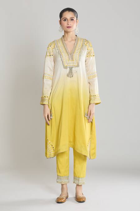 Buy Siyona By Ankurita Yellow Kurta And Pant Pure Chanderi Silk Embroidered Lace V Neck Set Buy_Siyona By Ankurita_Yellow Kurta And Pant Pure Chanderi Silk Embroidered Lace V Neck Set
