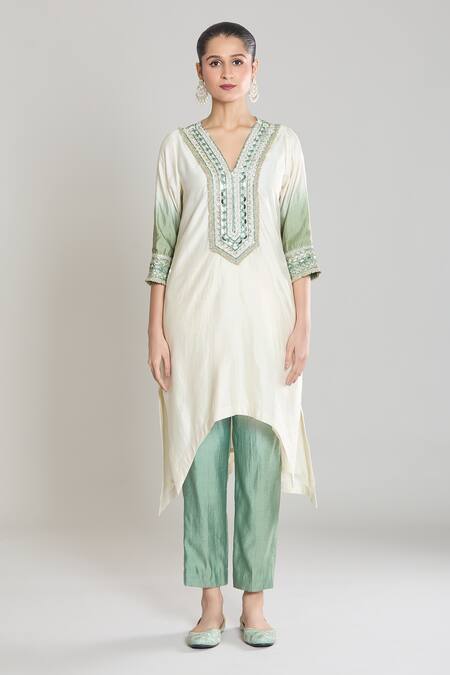 Buy Siyona By Ankurita Green Kurta And Pant Pure Chanderi Silk Embroidered Thread V Neck & Lace Set Buy_Siyona By Ankurita_Green Kurta And Pant Pure Chanderi Silk Embroidered Thread V Neck & Lace Set