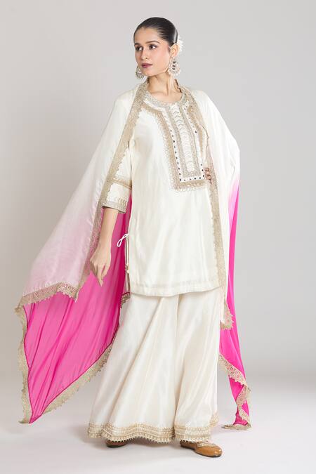 Buy Siyona By Ankurita Ivory Kurta And Gharara Pure Chanderi Silk Embroidered Mirror & Thread Set Online at Aza Fashions Buy_Siyona By Ankurita_Ivory Kurta And Gharara Pure Chanderi Silk Embroidered Mirror & Thread Set _Online_at_Aza_Fashions
