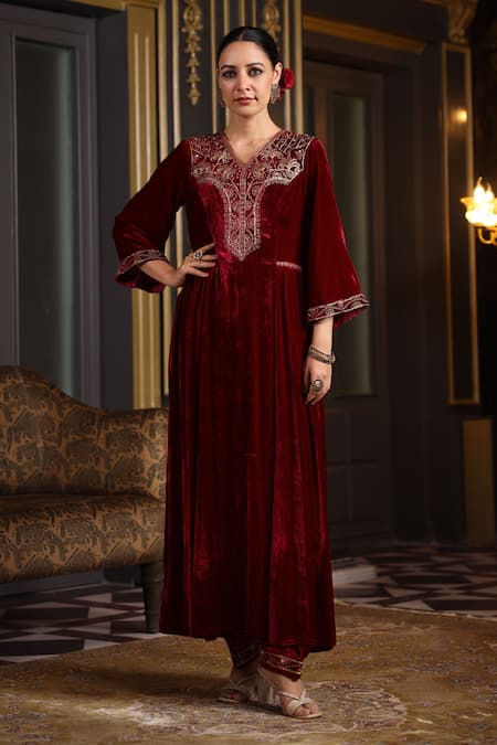 k-anshika Velvet Resham Embroidered Kurta & Pant Set 