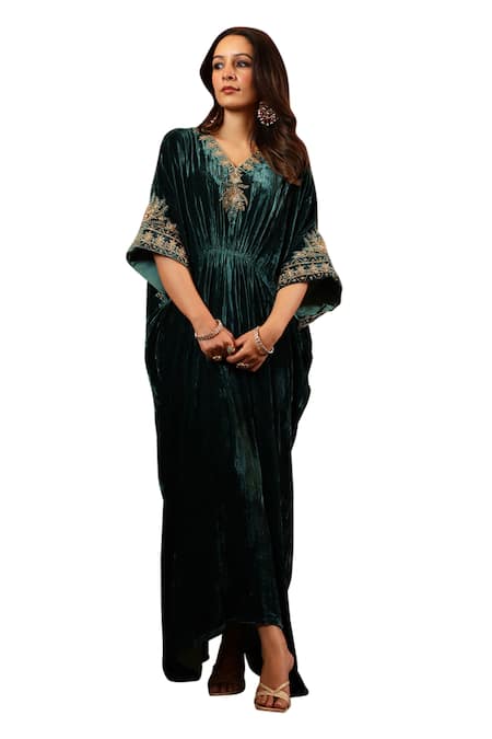 K-Anshika_Green Velvet Beads, Sequins V-neck Resham Embroidered Kaftan _Online_at_Aza_Fashions
