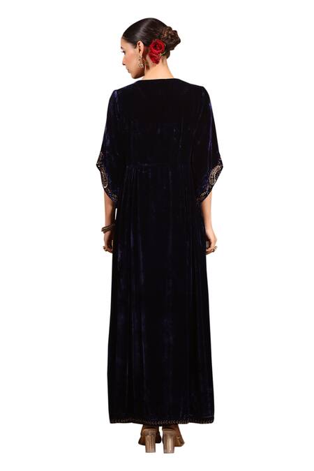 K-Anshika_Blue Velvet Embroidery Resham V Neck Paisley Kurta _Online_at_Aza_Fashions