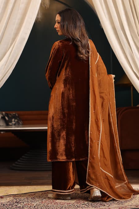 Shop_K-Anshika_Brown Velvet, Chiffon Embroidery, Sequins, Beads Split V-neck Paisley Kurta Set _at_Aza_Fashions