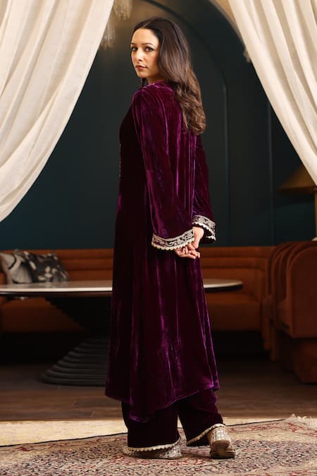 Shop_K-Anshika_Purple Velvet Sequins, Beads, Embroidery Split V-neck Kurta Pant Set _at_Aza_Fashions