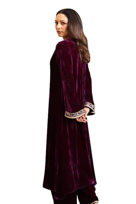 K-Anshika_Purple Velvet Sequins, Beads, Embroidery Split V-neck Kurta Pant Set _Online_at_Aza_Fashions