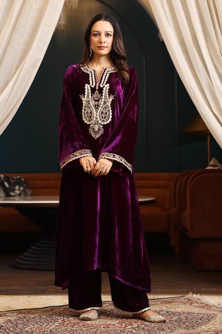 K-Anshika_Purple Velvet Sequins, Beads, Embroidery Split V-neck Kurta Pant Set _at_Aza_Fashions