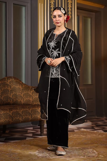 Shop_K-Anshika_Black Velvet Embroidery, Sequins, Beads Split V-neck Tropical Kurta Set _at_Aza_Fashions