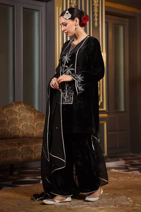 K-Anshika_Black Velvet Embroidery, Sequins, Beads Split V-neck Tropical Kurta Set _at_Aza_Fashions