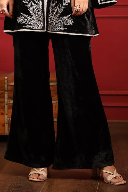 K-Anshika_Black Velvet Embroidery Round Neck Resham Kurta And Flared Pant Set _Online_at_Aza_Fashions