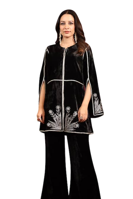 Buy_K-Anshika_Black Velvet Embroidery Round Neck Resham Kurta And Flared Pant Set _Online_at_Aza_Fashions