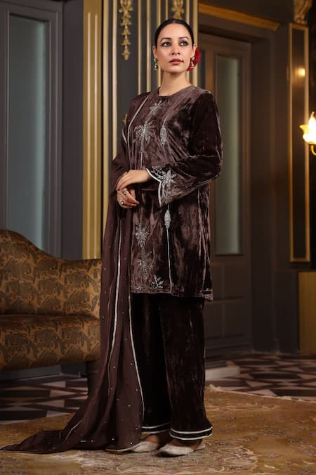 Buy K-Anshika Brown Velvet Embroidery, Sequins, Beads Round Neck Tropical Kurta Pant Set Online at Aza Fashions Buy_K-Anshika_Brown Velvet Embroidery, Sequins, Beads Round Neck Tropical Kurta Pant Set _Online_at_Aza_Fashions