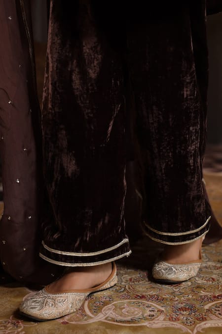 K-Anshika Brown Velvet Embroidery, Sequins, Beads Round Neck Tropical Kurta Pant Set at Aza Fashions K-Anshika_Brown Velvet Embroidery, Sequins, Beads Round Neck Tropical Kurta Pant Set _at_Aza_Fashions
