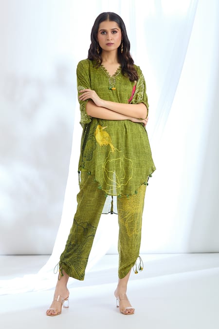 Basil Leaf Green Chinon Chiffon Printed Botanic Cutout Short Kurta With Pant 