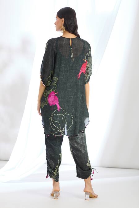 Shop_Basil Leaf_Grey Chiffon Sequins, Tassels Flora Print Short Kurta With Pant_at_Aza_Fashions