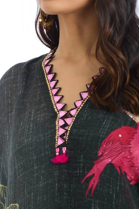 Buy_Basil Leaf_Grey Chiffon Sequins, Tassels Flora Print Short Kurta With Pant_Online_at_Aza_Fashions