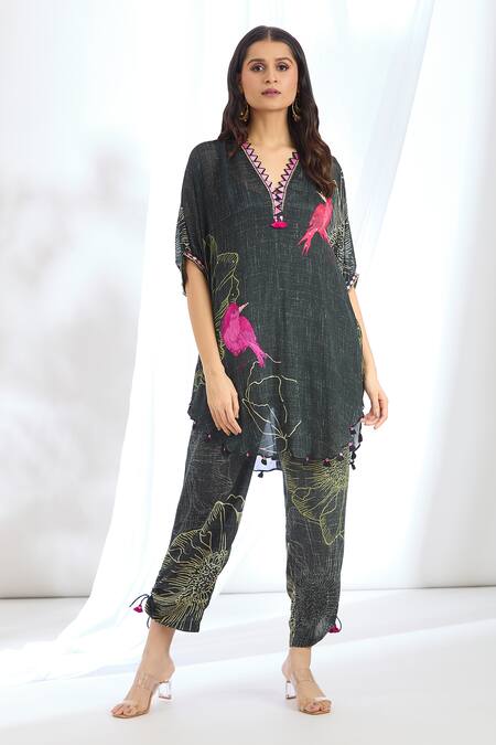 Shop_Basil Leaf_Grey Chiffon Sequins, Tassels Flora Print Short Kurta With Pant_Online_at_Aza_Fashions