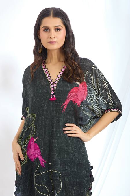 Basil Leaf_Grey Chiffon Sequins, Tassels Flora Print Short Kurta With Pant_at_Aza_Fashions