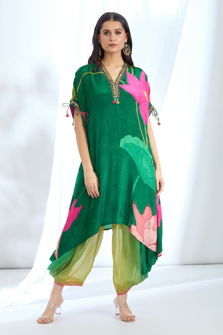 Basil Leaf Green Chinon Chiffon Printed Floral Cutout Kurta With Cowl Pant 