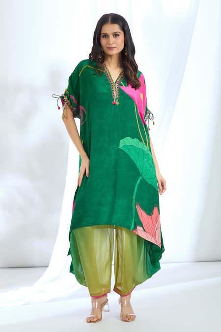 Basil Leaf_Green Chiffon Tassels, Sequins Keyhole Neck Floral Print Kurta With Cowl Pant_Online_at_Aza_Fashions