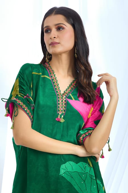 Buy_Basil Leaf_Green Chiffon Tassels, Sequins Keyhole Neck Floral Print Kurta With Cowl Pant_Online_at_Aza_Fashions