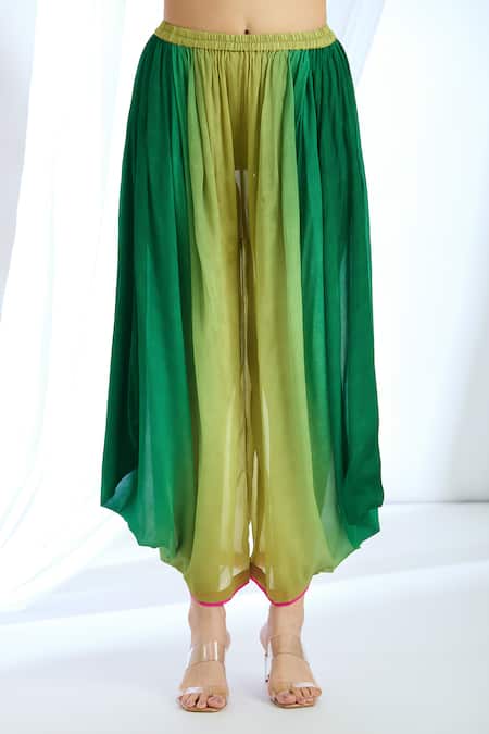 Shop_Basil Leaf_Green Chiffon Tassels, Sequins Keyhole Neck Floral Print Kurta With Cowl Pant_Online_at_Aza_Fashions