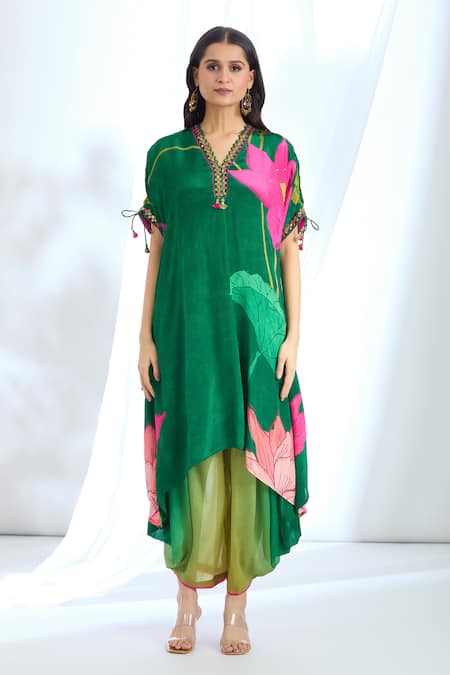 Basil Leaf_Green Chiffon Tassels, Sequins Keyhole Neck Floral Print Kurta With Cowl Pant_at_Aza_Fashions