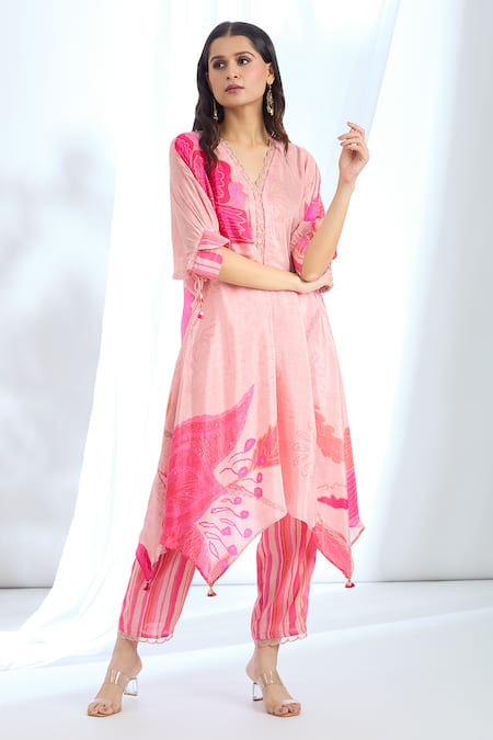 Basil Leaf Peach Crepe Sequins, Embroidery Scoop Monochrome Floral Print Kurta With Pant Online at Aza Fashions Basil Leaf_Peach Crepe Sequins, Embroidery Scoop Monochrome Floral Print Kurta With Pant_Online_at_Aza_Fashions