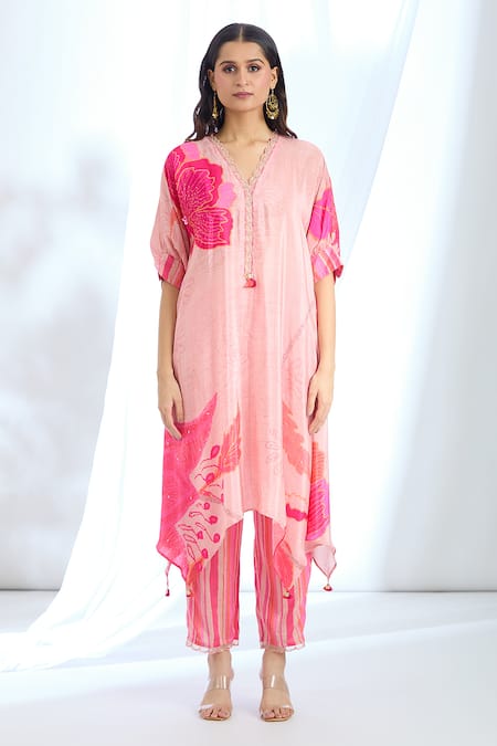Basil Leaf Peach Crepe Sequins, Embroidery Scoop Monochrome Floral Print Kurta With Pant at Aza Fashions Basil Leaf_Peach Crepe Sequins, Embroidery Scoop Monochrome Floral Print Kurta With Pant_at_Aza_Fashions