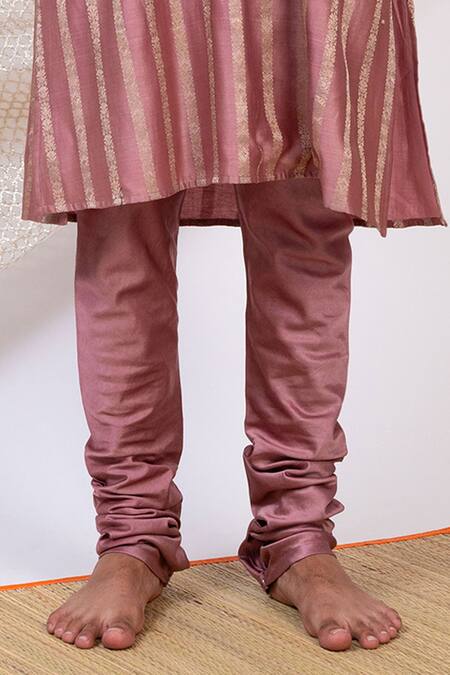 Aamra By Lavanya_Pink Chanderi Silk Print Kalamkari Phool Bloom Striped Kurta With Churidar _Online_at_Aza_Fashions