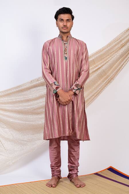 Buy_Aamra By Lavanya_Pink Chanderi Silk Print Kalamkari Phool Bloom Striped Kurta With Churidar _Online_at_Aza_Fashions