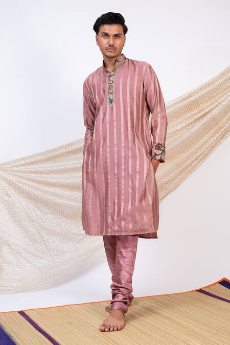 Shop_Aamra By Lavanya_Pink Chanderi Silk Print Kalamkari Phool Bloom Striped Kurta With Churidar _Online_at_Aza_Fashions