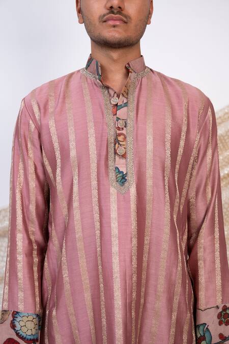 Aamra By Lavanya_Pink Chanderi Silk Print Kalamkari Phool Bloom Striped Kurta With Churidar _at_Aza_Fashions