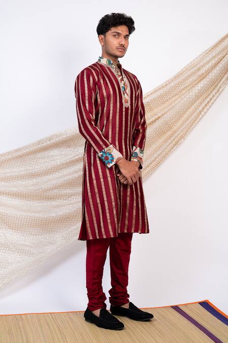 Buy_Aamra By Lavanya_Maroon Chanderi Silk Print Kalamkari Gul Bloom Striped Kurta With Churidar _Online_at_Aza_Fashions