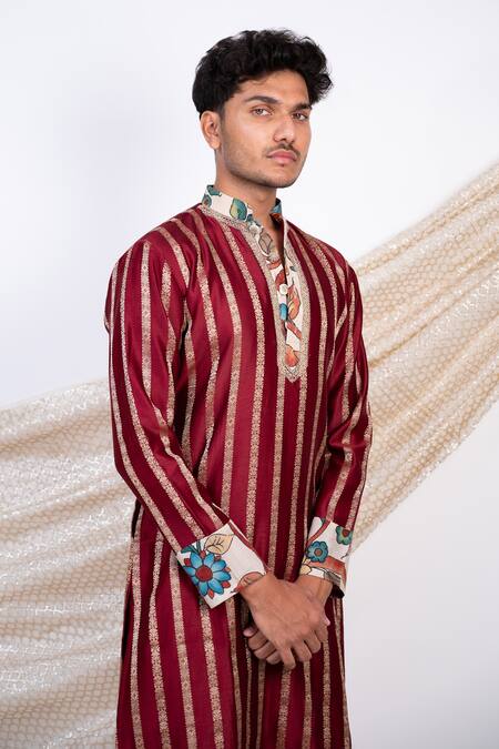 Shop_Aamra By Lavanya_Maroon Chanderi Silk Print Kalamkari Gul Bloom Striped Kurta With Churidar _Online_at_Aza_Fashions