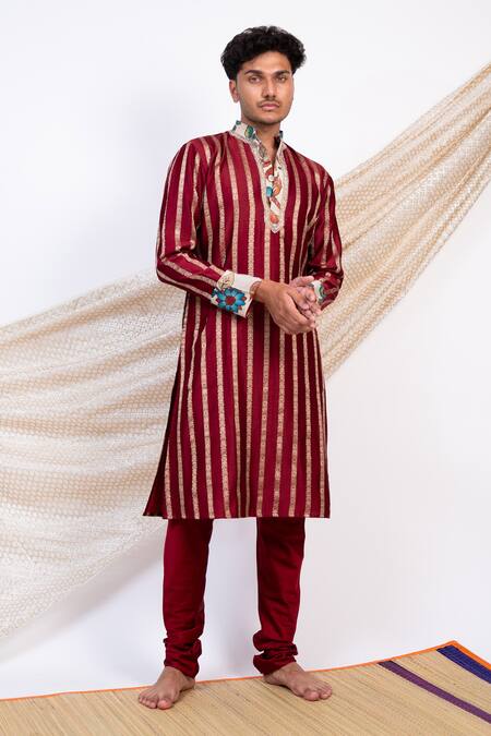 Buy_Aamra By Lavanya_Maroon Chanderi Silk Print Kalamkari Gul Bloom Striped Kurta With Churidar 