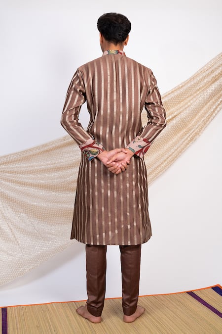 Shop Aamra By Lavanya Brown Chanderi Silk Print Kalamkari Gulshan Bloom Striped Kurta With Pant at Aza Fashions Shop_Aamra By Lavanya_Brown Chanderi Silk Print Kalamkari Gulshan Bloom Striped Kurta With Pant _at_Aza_Fashions