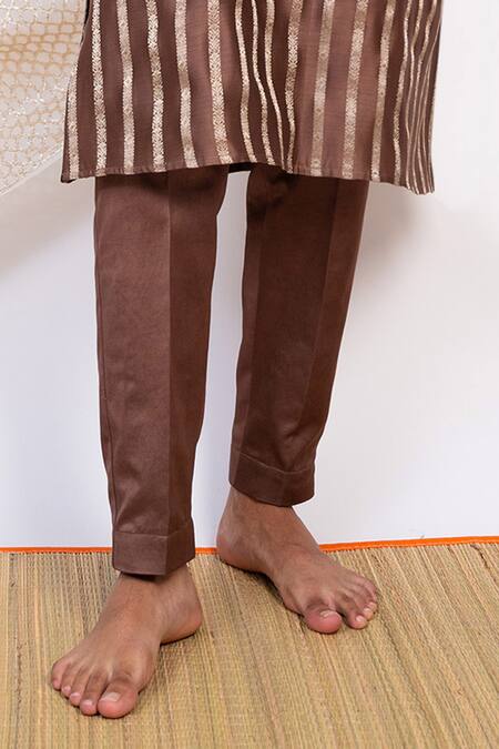 Aamra By Lavanya Brown Chanderi Silk Print Kalamkari Gulshan Bloom Striped Kurta With Pant Online at Aza Fashions Aamra By Lavanya_Brown Chanderi Silk Print Kalamkari Gulshan Bloom Striped Kurta With Pant _Online_at_Aza_Fashions