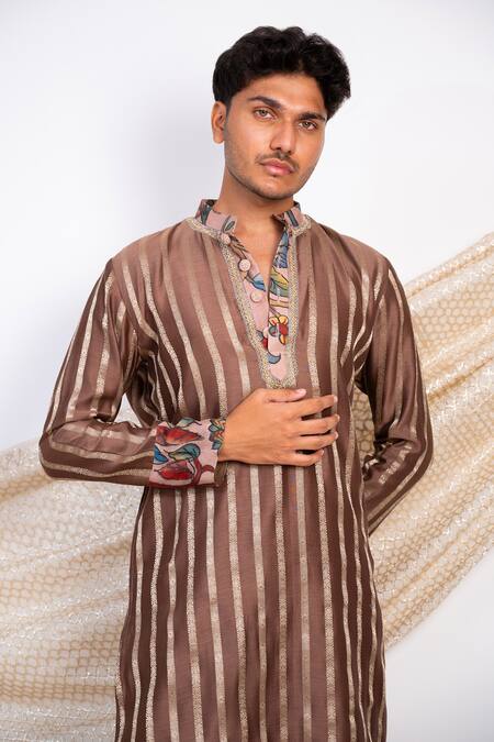 Buy Aamra By Lavanya Brown Chanderi Silk Print Kalamkari Gulshan Bloom Striped Kurta With Pant Online at Aza Fashions Buy_Aamra By Lavanya_Brown Chanderi Silk Print Kalamkari Gulshan Bloom Striped Kurta With Pant _Online_at_Aza_Fashions