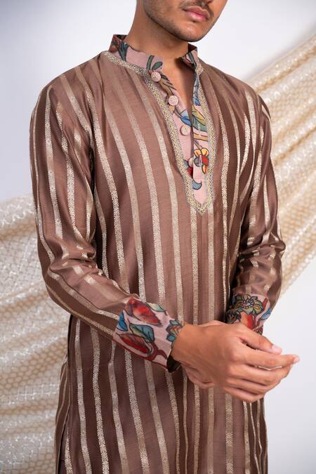 Shop Aamra By Lavanya Brown Chanderi Silk Print Kalamkari Gulshan Bloom Striped Kurta With Pant Online at Aza Fashions Shop_Aamra By Lavanya_Brown Chanderi Silk Print Kalamkari Gulshan Bloom Striped Kurta With Pant _Online_at_Aza_Fashions